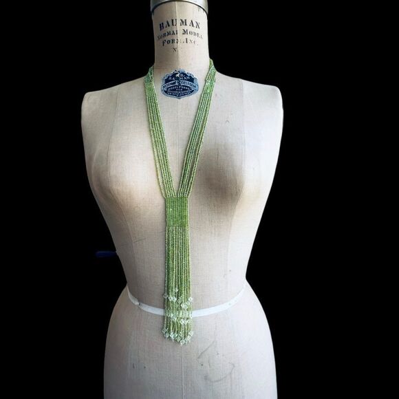 multi strand peridot Green and crystal beaded long necklace boho hippie style - Picture 3 of 11